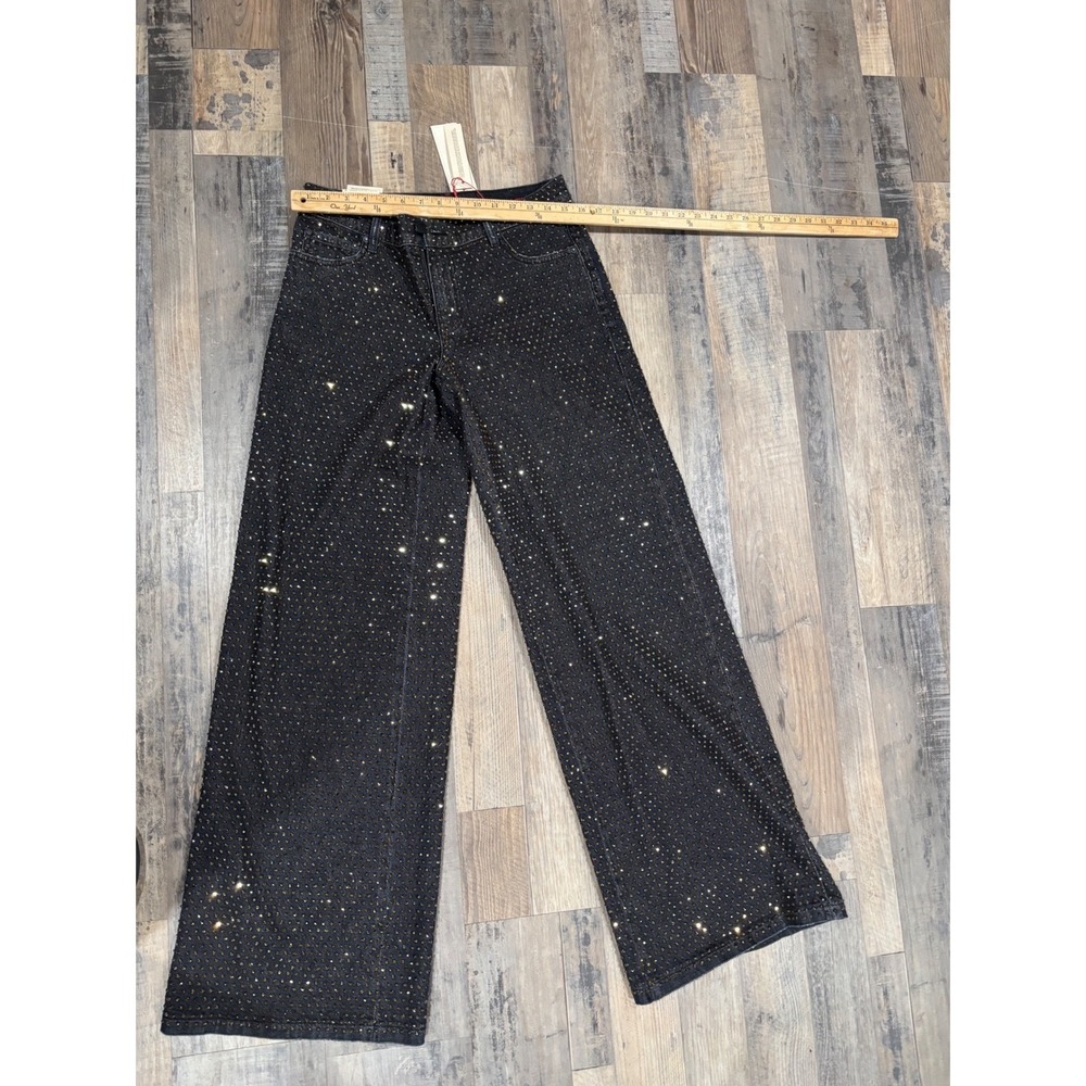 Alice + Olivia Black Gold Metallic Studded High Rise Wide Leg Jeans Glam NWT 28 - Picture 3 of 10